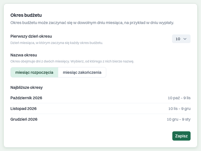 Sekcja Okres budżetu w ustawieniach FinaSee z pierwszym dniem okresu ustawionym na 10 i listą najbliższych okresów, od 10 października do 9 listopada i dalej