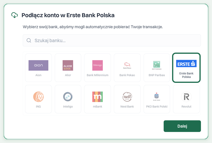 Wybór banku przy podłączaniu konta w FinaSee z zaznaczonym Erste Bank Polska