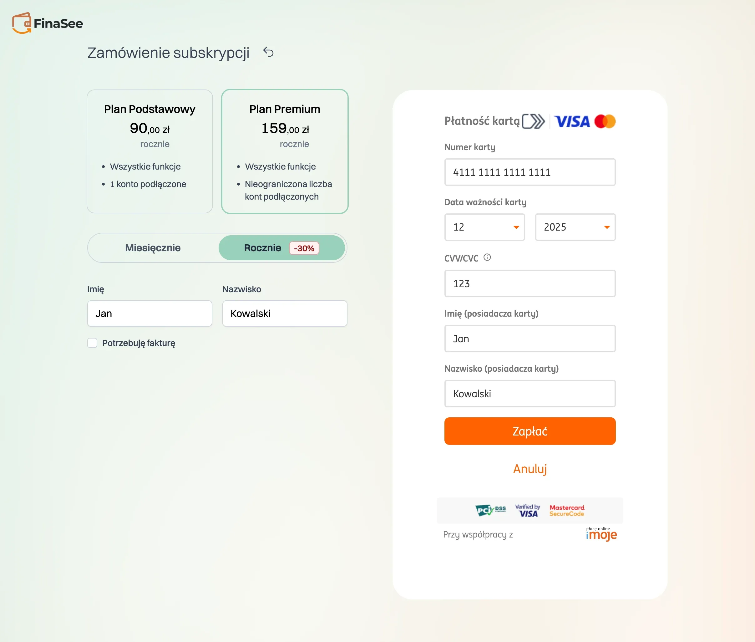 Ekran subscrypcji z widgetem iMoje