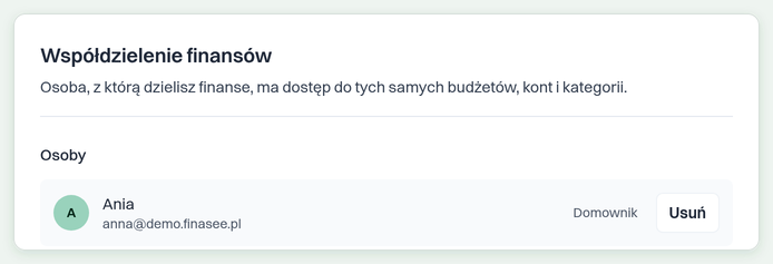 Sekcja „Współdzielenie finansów” w FinaSee z Anią na liście osób jako „Domownik” i przyciskiem „Usuń”