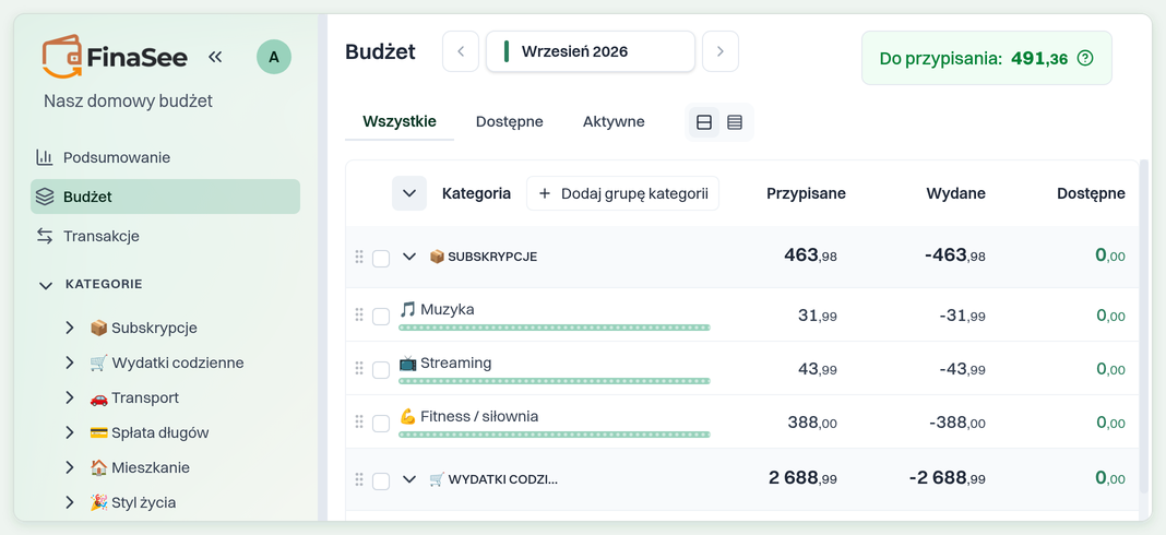 „Nasz domowy budżet” na wrzesień 2026 otwarty w FinaSee na koncie Ani, która dołączyła do wspólnego budżetu