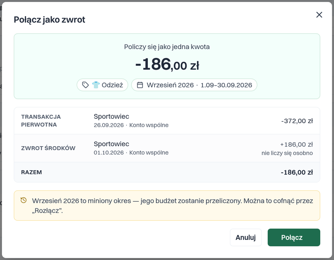 Okno „Połącz jako zwrot” w FinaSee pokazuje zakup z 26 września 2026 roku za 372 zł. Zamówienie obejmuje dwie kurtki do biegania w różnych rozmiarach. W oknie widać też zwrot z 1 października na 186 zł za kurtkę, która nie pasowała. Łączny wydatek wynosi 186 zł w kategorii Odzież.